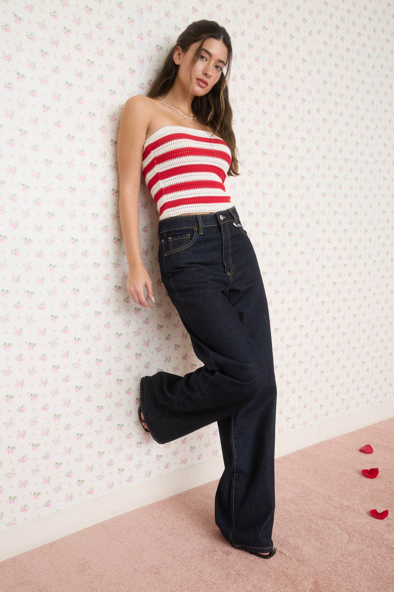 STRIPE STRAPLESS CROCHET KNIT TUBE TOP