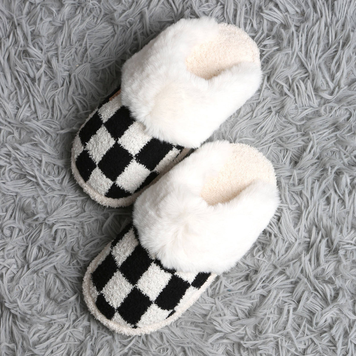 Checkered Faux Fur Cuff Mule Winter Slippers