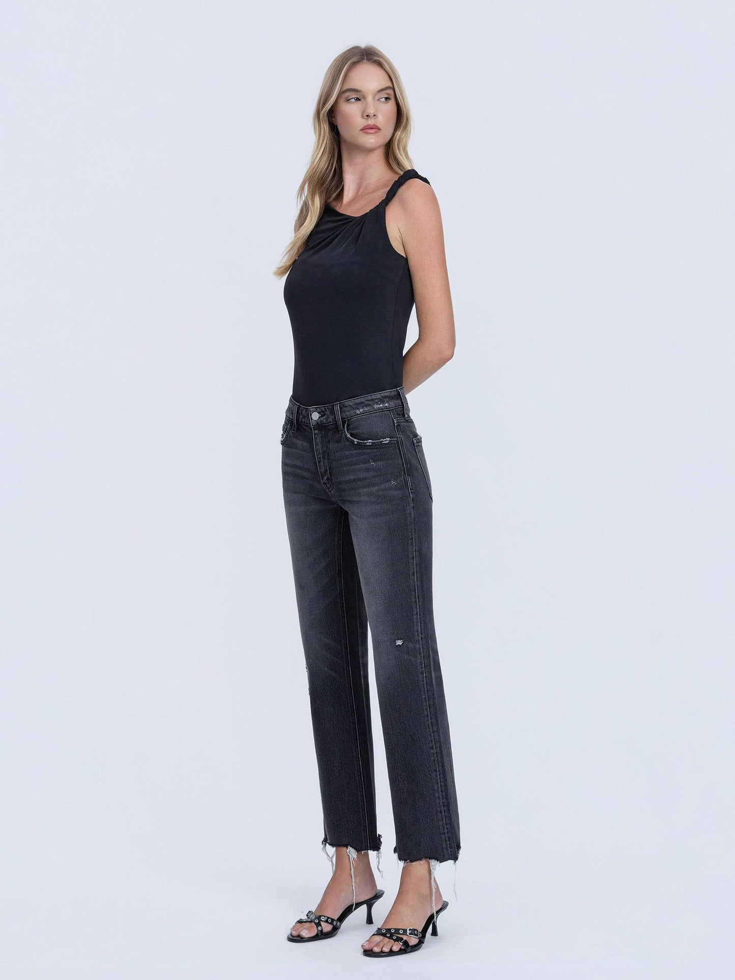 BAILEY MID RISE RAW DISTRESSED HEM BLACK SLIM WIDE JEANS T7302BK