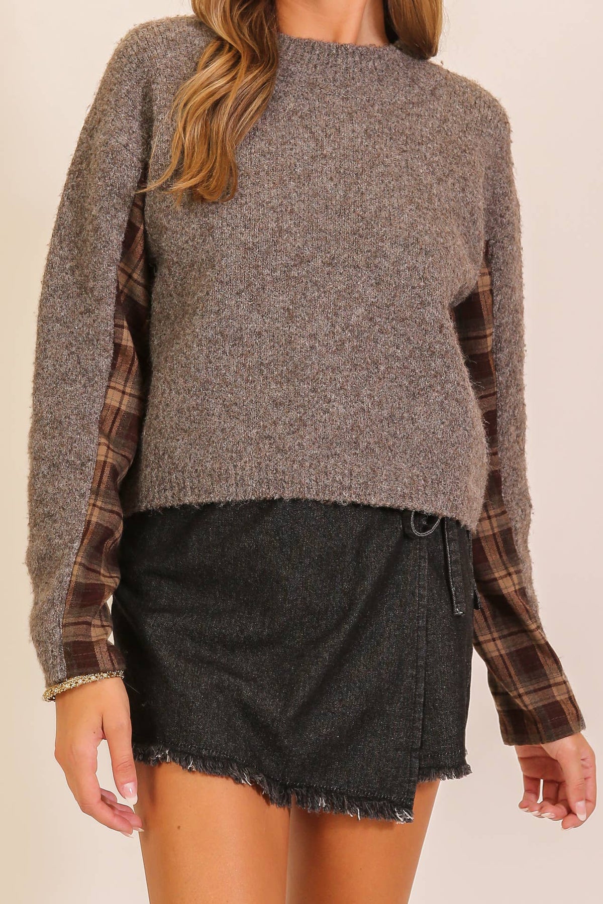 Plaid Contrast Sleeve Mock Neck Sweater