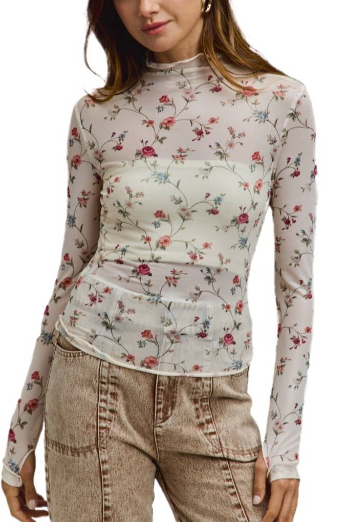 Floral Mesh Print Long Sleeve Knit Top