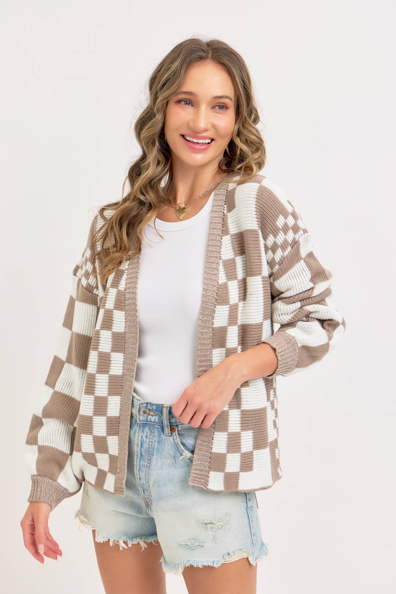 MIXED CHECKERED KNIT OPEN FRONT CARDIGAN