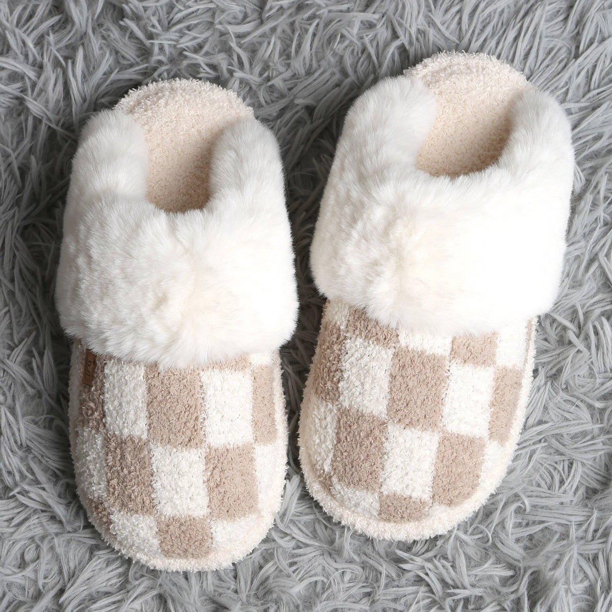 Checkered Faux Fur Cuff Mule Winter Slippers
