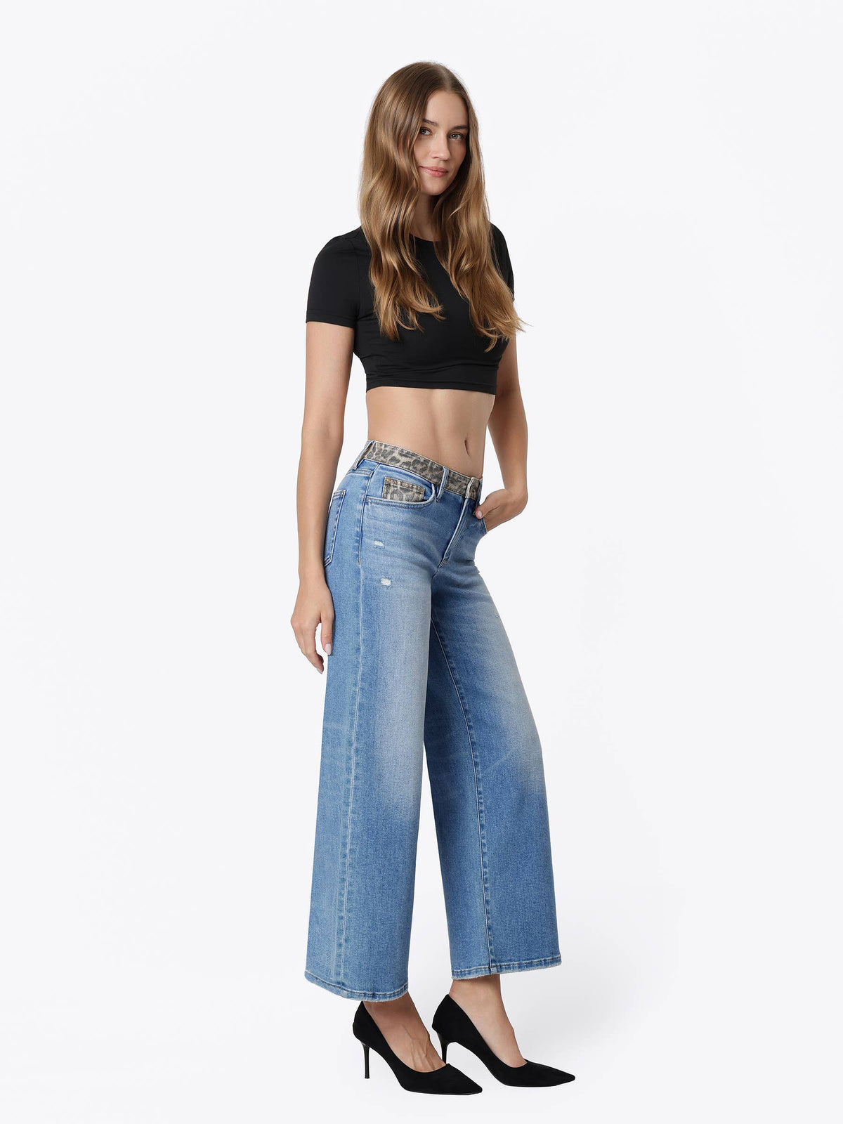 HIGH RISE LEOPARD PRINT WAISTBAND ANKLE WIDE JEANS T7630LPD