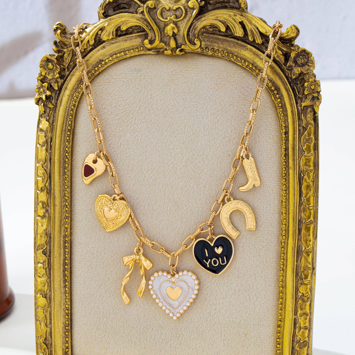 Heart Bow Boot Multi Charm Chain Necklace | 80N93190