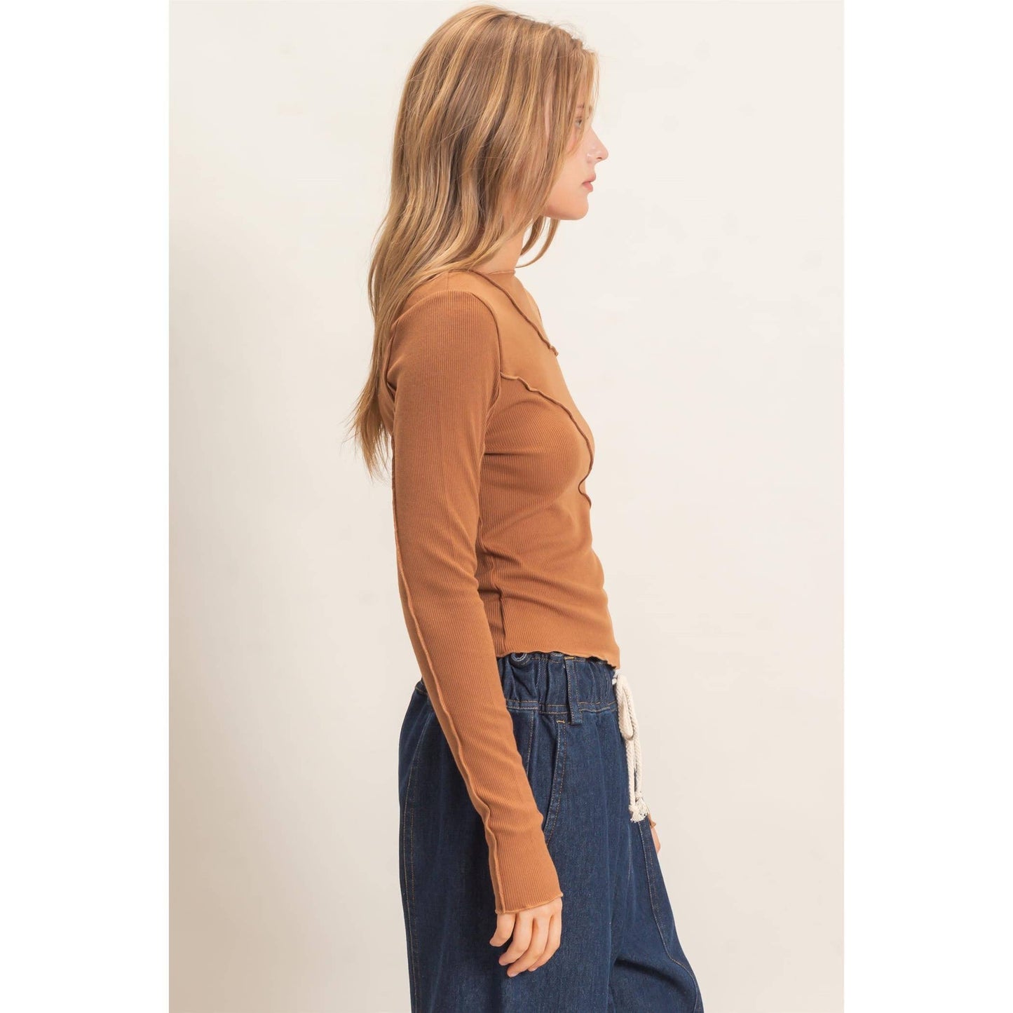 Ruffled Ribbed Long Sleeve Top