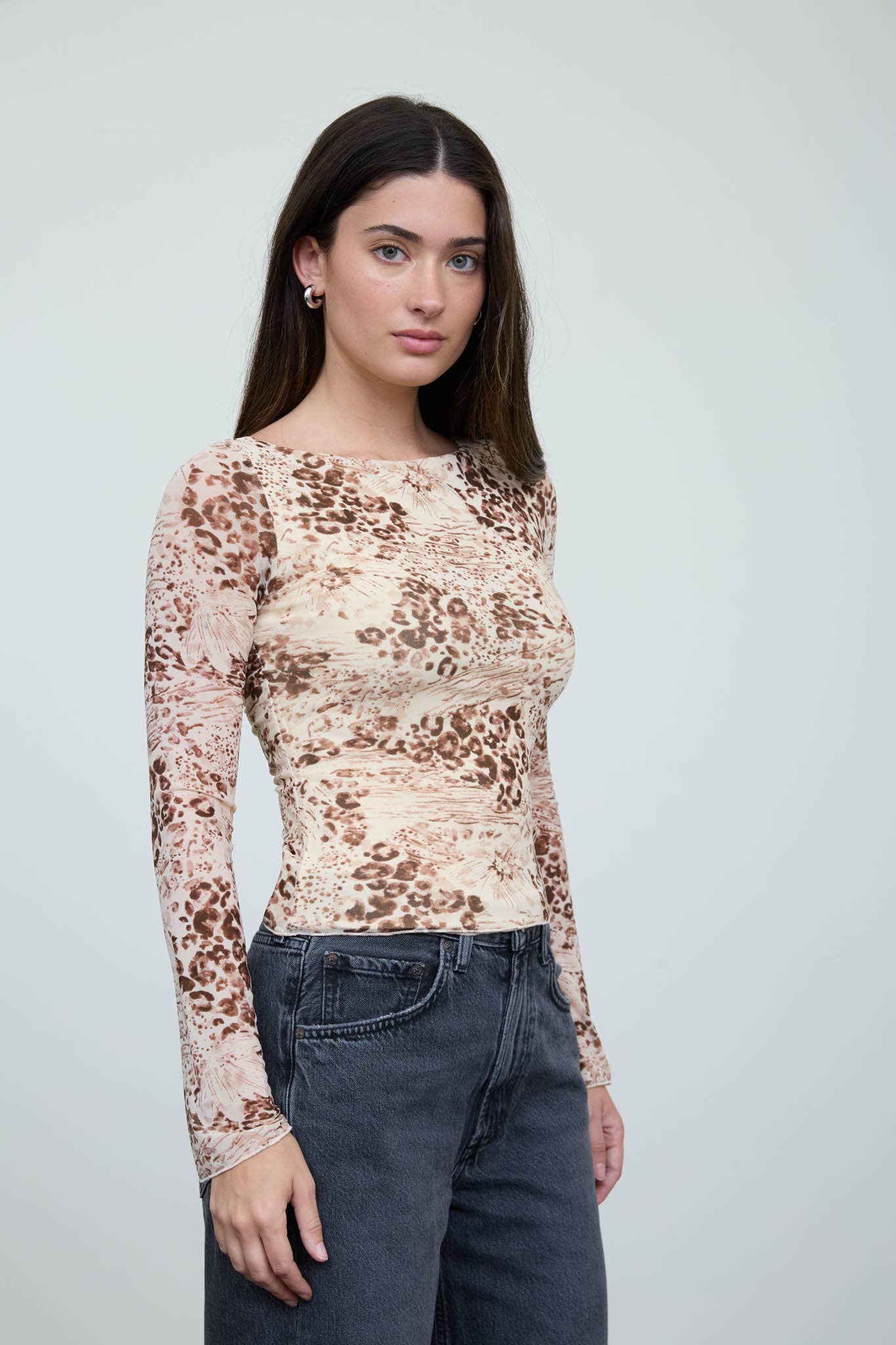 FLORAL LEOPARD PRINT LONG SLEEVE KNIT TOP