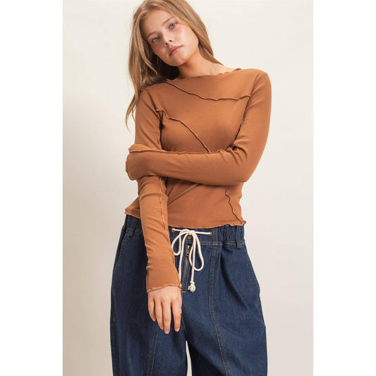 Ruffled Ribbed Long Sleeve Top