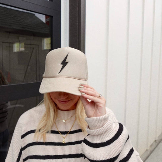 Lighting Bolt Embroidered Trucker Hat- Tan